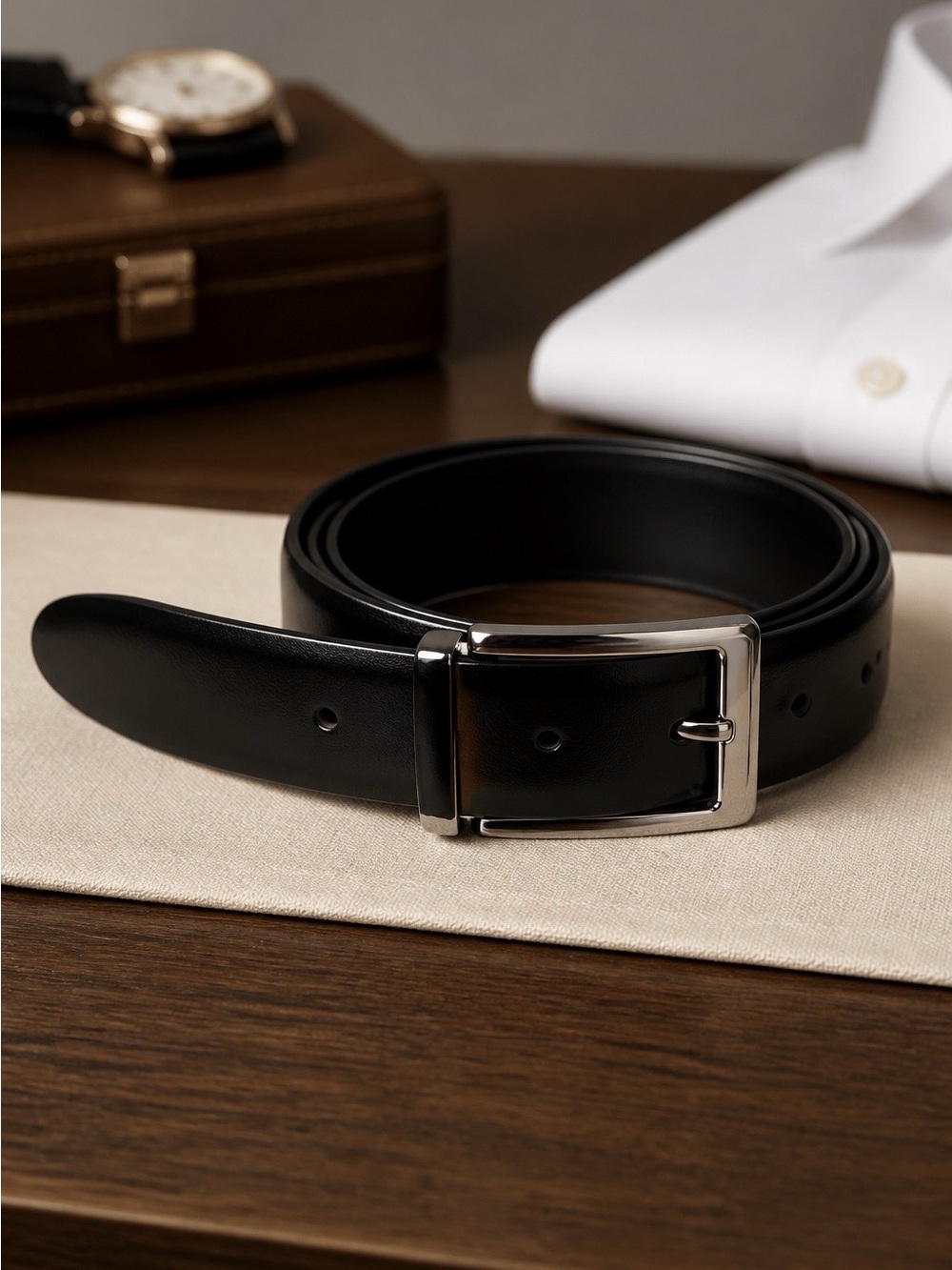 Black Leather Belt with Silver Buckle Size 34